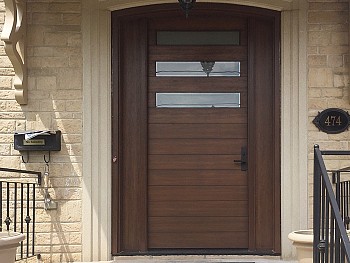 Modern 8 foot custom fiberglass door with shadow grooves flush mount glass and paneled sidelites