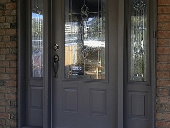 Smooth finish grey fiberglass door 1/2 panel customized glass insert and matching sidelites