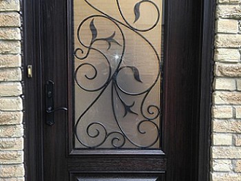 Fiberglass door with 3/4 privacy glass/ wrought iron insert